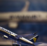 A model airplane rests on a table during an announcement of the commitment for Ryanair to purchase aircraft from Boeing, in New York